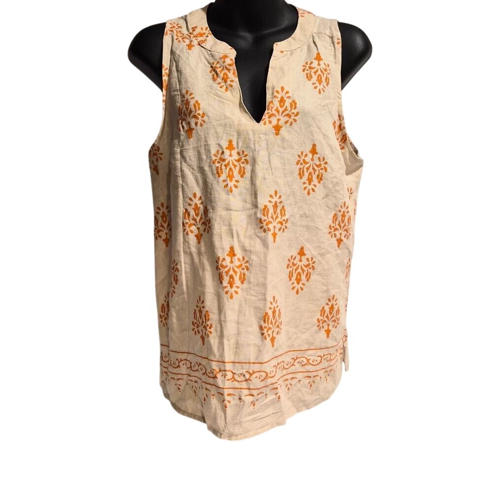 Anne Carson Orange Beige Linen Blend Damask Print Sleeveless V-Neck Tunic Top‎ S